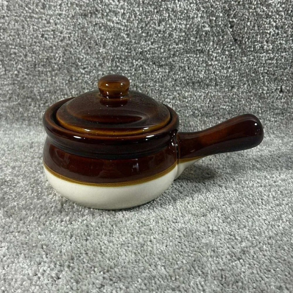 French Onion Soup Bowl Brown Cream Two-Tone Stoneware with Lid Vintage‎